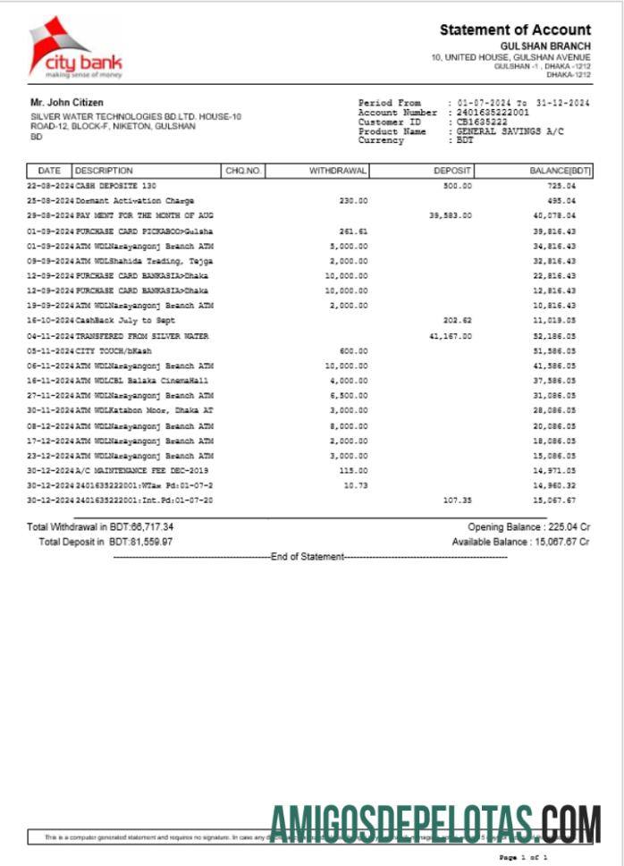 Modelo de exemplo de Word e PDF de extrato bancário da cidade de Bangladesh